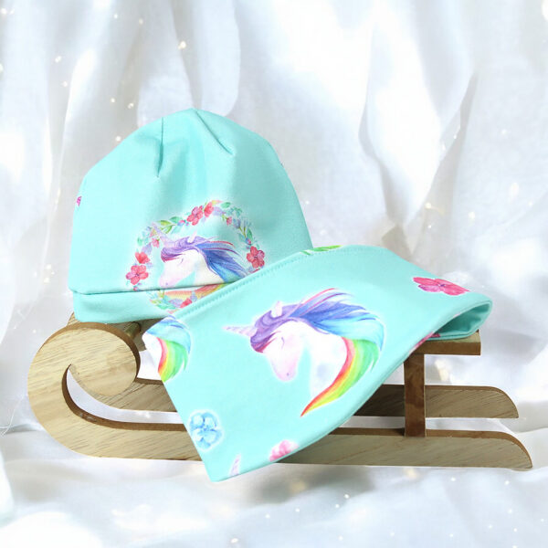 Puppenset mit Einhorn in mint, Mütze, Halstuch und Schuhe