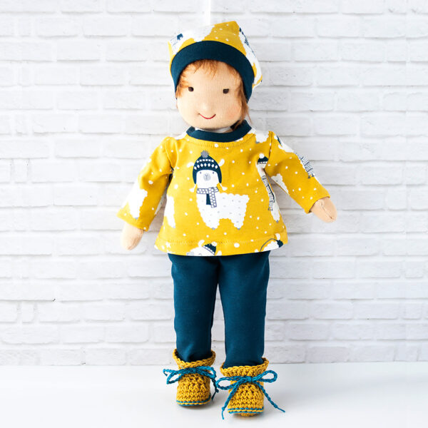 Puppenkleidung mit Lama gelb Pullover und Hose