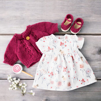 Puppenkleidung Blumenwiese mit Jacke, Kleid und Schuhen