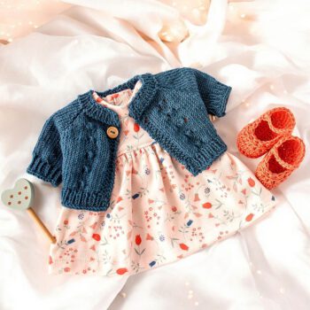 Puppenkleidung für Waldorfpuppen mit Sommerwiese, 3teiliges Set, Jacke, Kleid und Schuhe