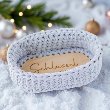 Korb in grau aus Textilgarn mit Holzboden für Schlüssel