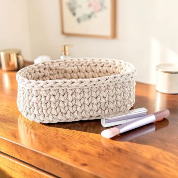 Korb in Beige aus Baumwollgarn mit Holzboden