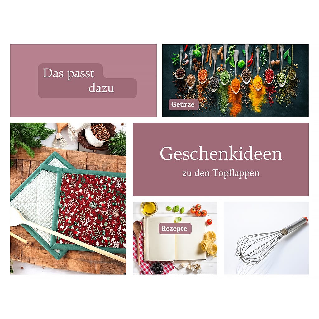 Das passt als Geschenk zu den Topflappen: Rezepte, Gewürze oder ein Schneebesen