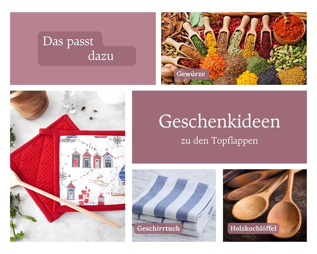 Ideen für maritime Küchenaccessoires: Topflappen kombiniert mit Geschirrtüchern, Holzkochlöffeln und Gewürzen für eine stimmige Küchenausstattung.